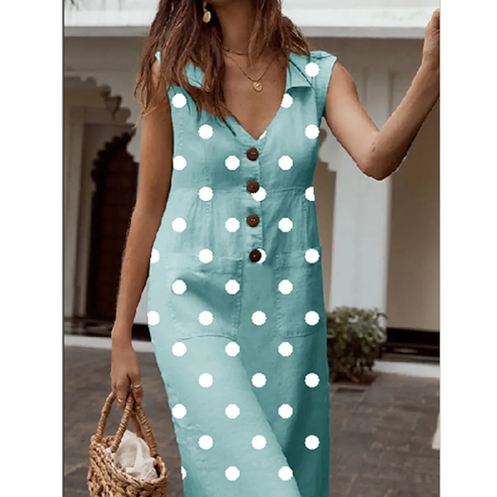 Women dresses Women's Elegant Dot Print Boho Dress Turn-down V-neck Button Pocket Clothing | Женская одежда