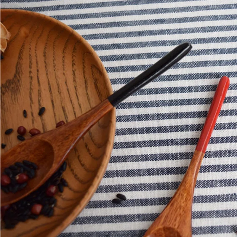 AIRCHR 10PCS Wood Spoon Small Black Red Handle Baby Rice Shovel Children Eco Friendly Asian | Дом и сад