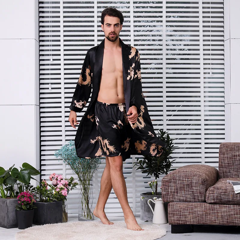 Two-piece Suit Male Silk Dressing Gown  Extra large Robe With Dragons Mens Satin Bathrobe Silk Kimono Men 21039