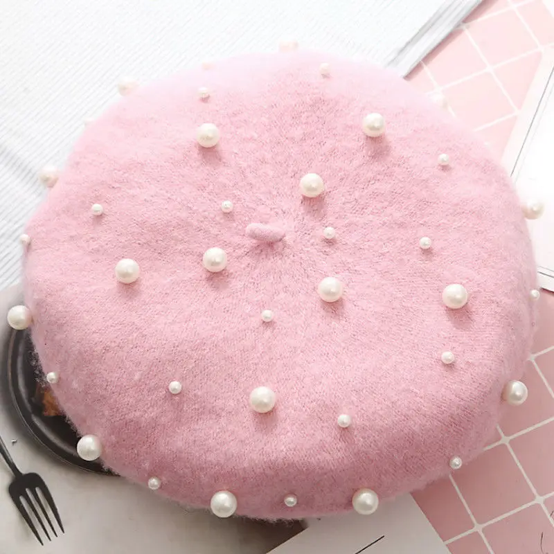 Pink Винтажный шерстяной перламутровый берет, Женская французская шапка, осенне-зимняя теплая бисероплетенная Кепка s Boina, Элегантные Женские однотонные шапки для художника - Цвет: Pink