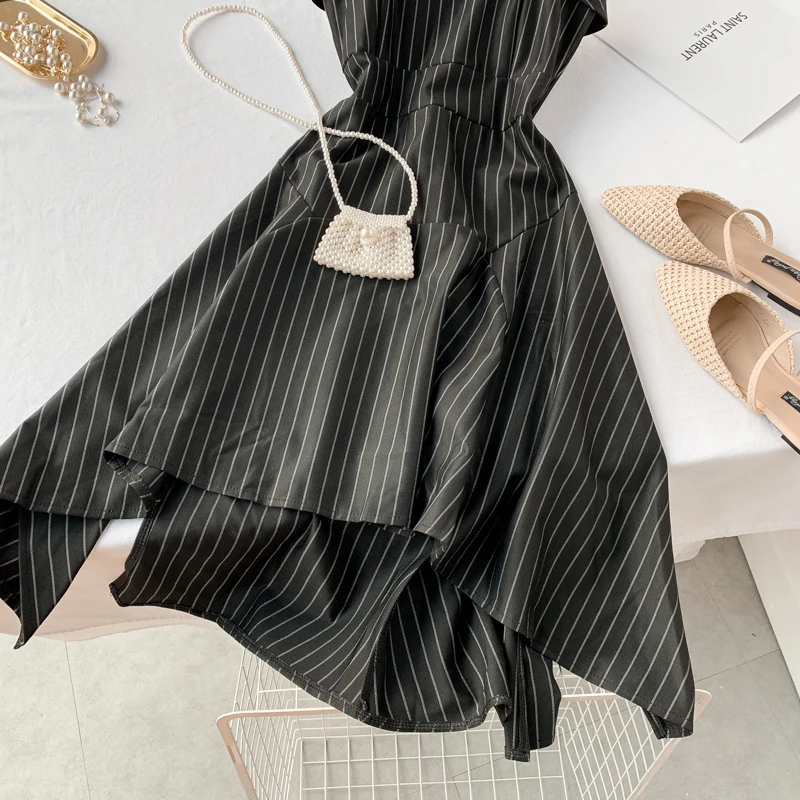 2019 Новая мода женские платья ассиметричное летнее с высокой талией в полоску