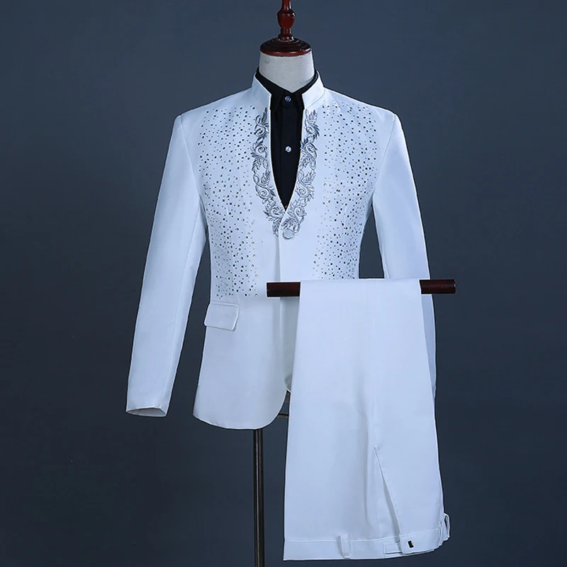 Мужской костюм-смокинг со стоячим воротником одной кнопкой стразами и штанами |