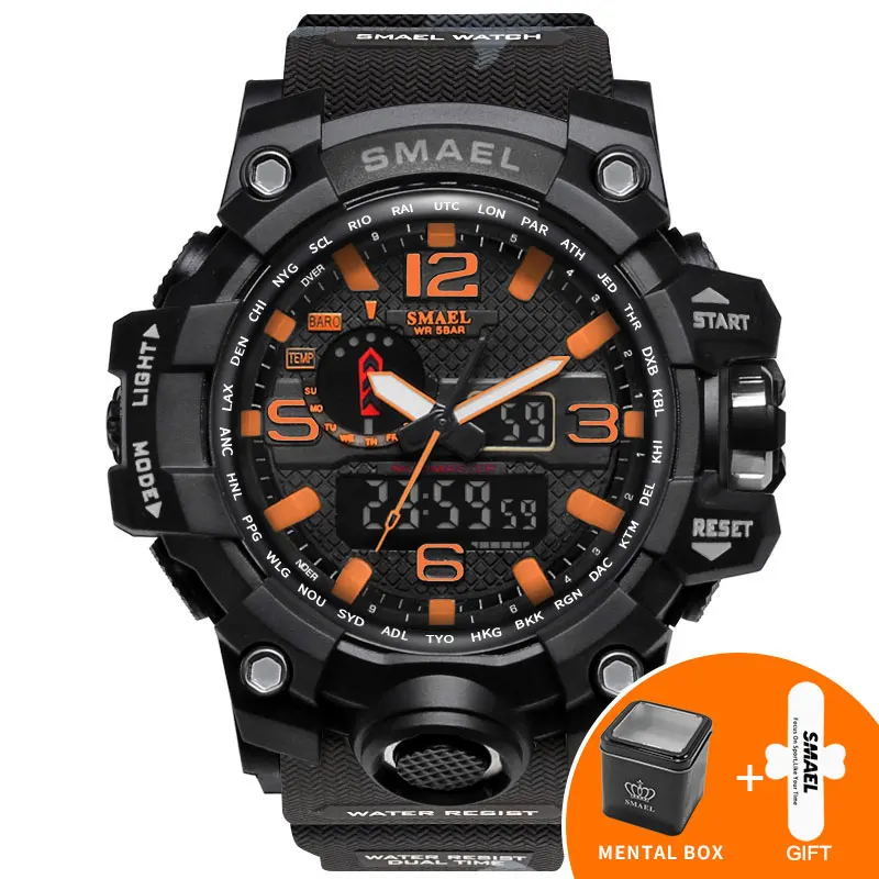 Orange with Box Цифровые армейские часы, военные, светодиодный, с датой, с будильником, ударопрочный, 5 бар, мужские часы, армейские наручные часы, 1545B, большой циферблат, мужские часы, модные - Цвет: Orange with Box