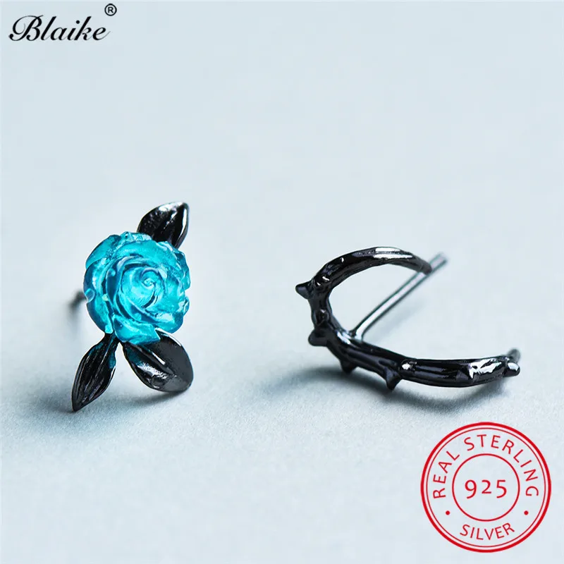 Женские серьги гвоздики с голубым цветком розы Blaike двойные из стерлингового