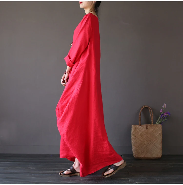 High Quality 2018 New Spring Summer Women 4xl 6xl Dresses Cotton Linen Robe Longue femaleDecoration Big Size Long Sleeve Dress | Женская