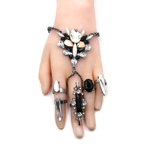 black set Модный женский браслет, соединенный с кольцом на пальце, браслеты, богемский Цыганский пляж, Очаровательная ручка, драгоценный камень, макси кристалл, ручная цепочка, браслет, браслет - Окраска металла: black set