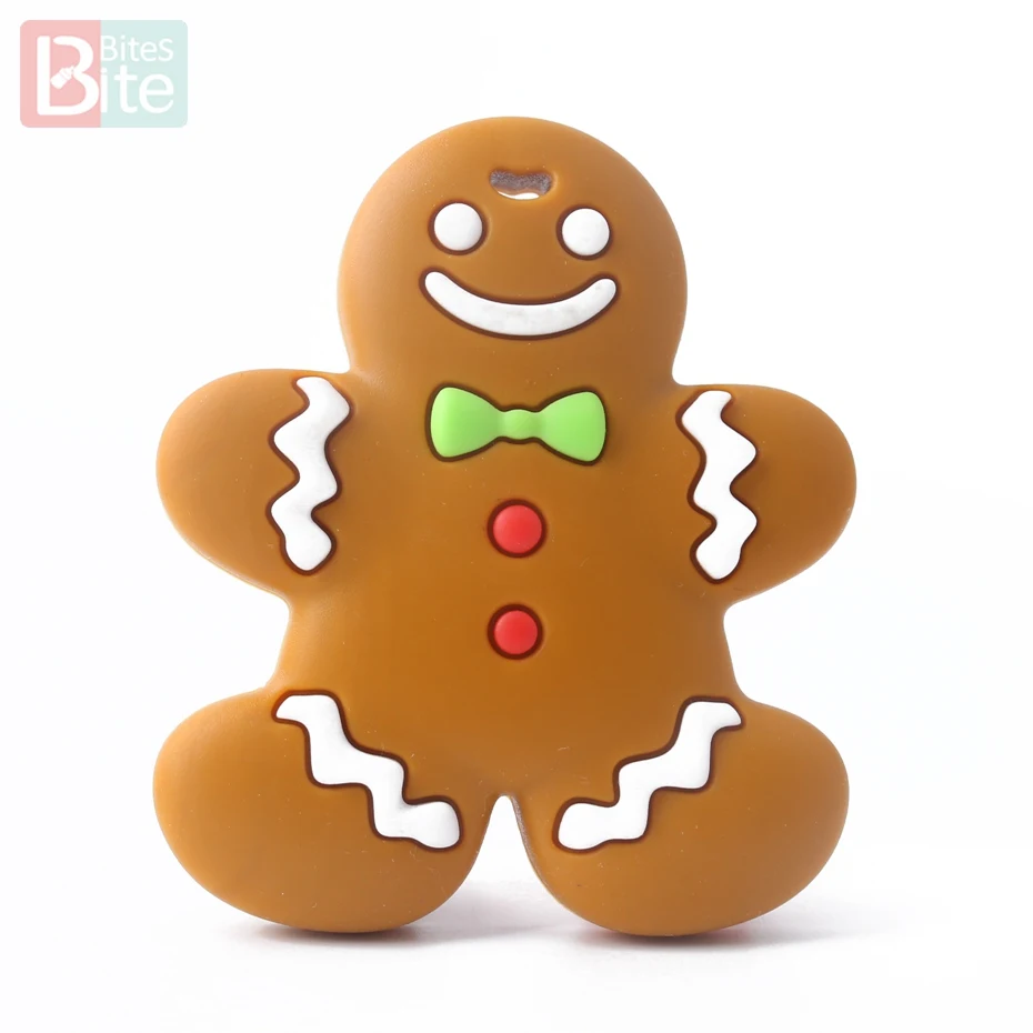 Gingerbread Man 1 шт., силиконовый Прорезыватель для зубов, рождественские подарки, дерево, снежинка, соска с цепочкой, для изготовления пищевого силикона, пятнистый олень, детский Прорезыватель - Цвет: Gingerbread Man