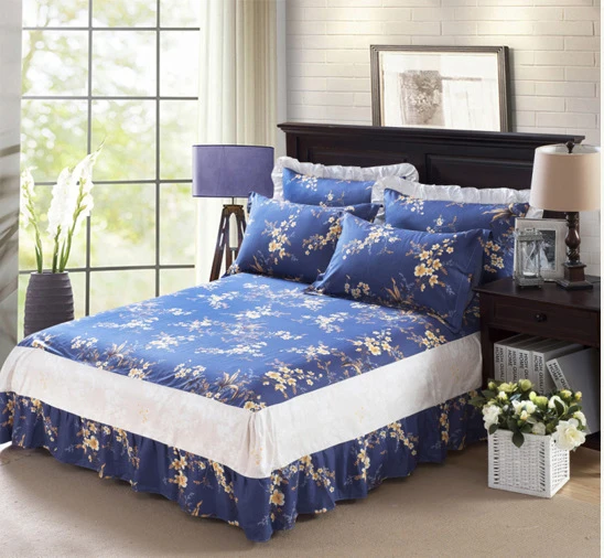 Хлопковая юбка кровать с синими цветами 1 шт. эластичное покрывало кроватный
