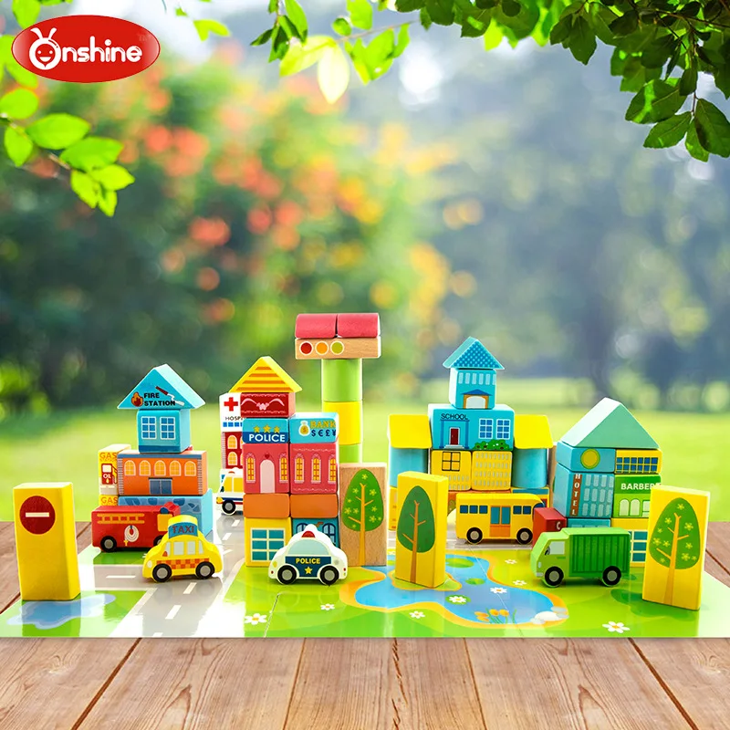 

Onshine Brand 62pcs children wooden assemble Geometric blocks/ Kids city transportation learning educational toys ,free shipping