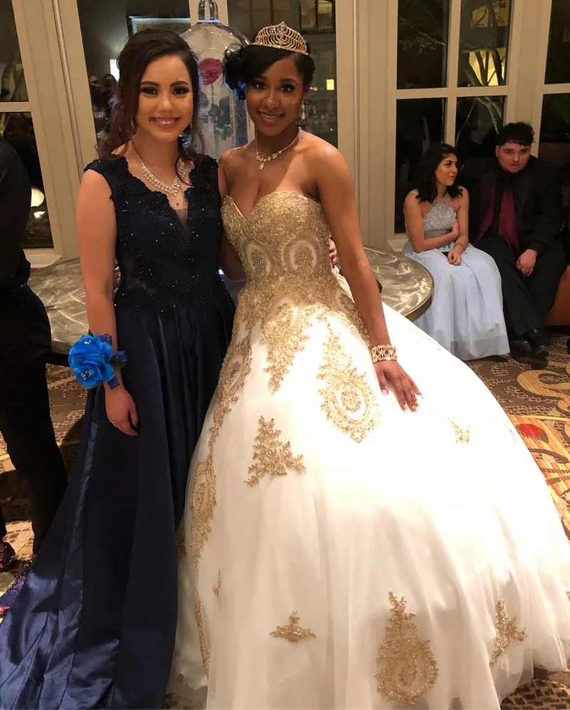 Бальное платье с белой золотистой аппликацией платья для Quinceanera милый корсет