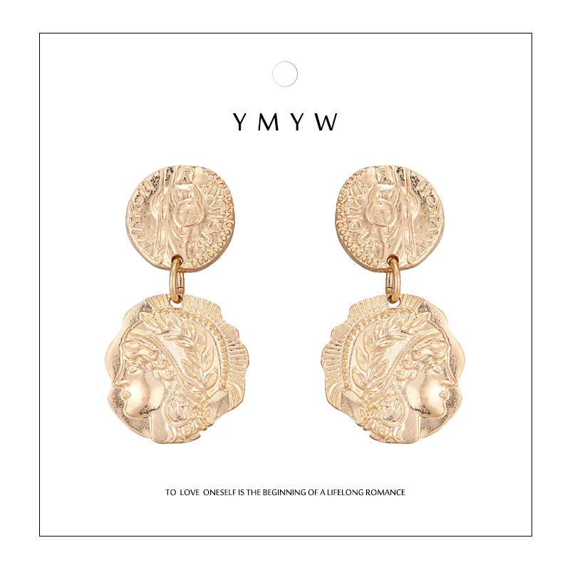 YMYW Zinc Alloy Geometric Gold Portrait Baroque Earrings Trendy Antique Personalized Double Layers Stylish Oorbellen Female Gift | Украшения