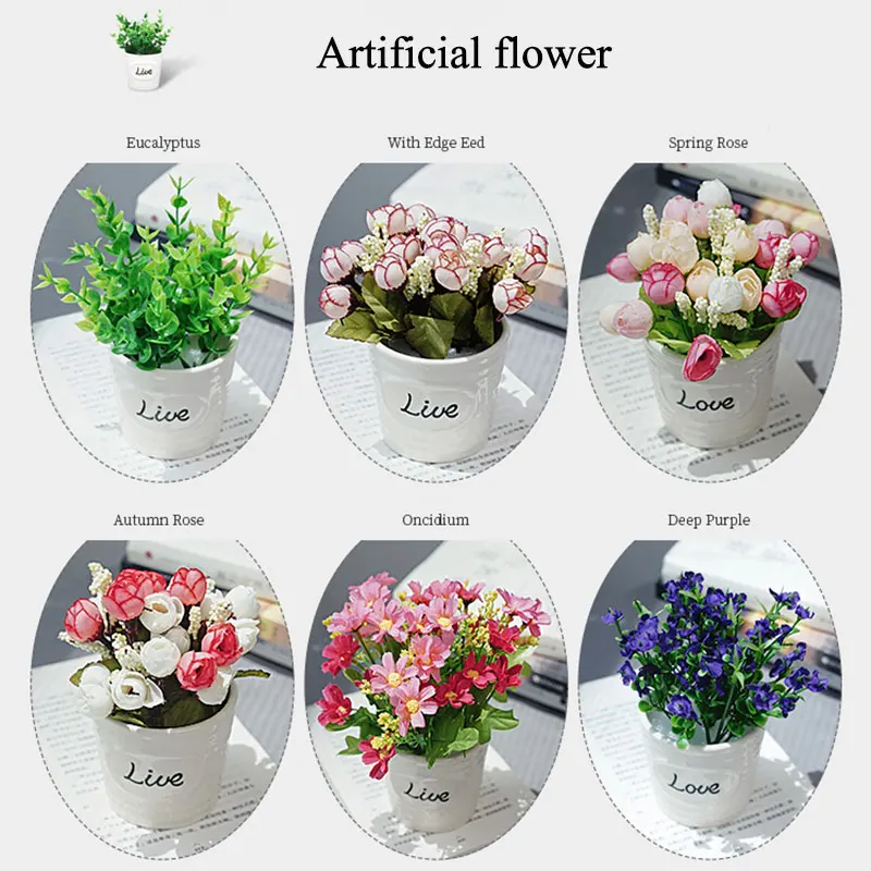 Mini Artificial Flower Rose Eucalyptus Potted for Home Bedroom DIY Decoration Beauty Photo Photography Background Backdrop Props |
