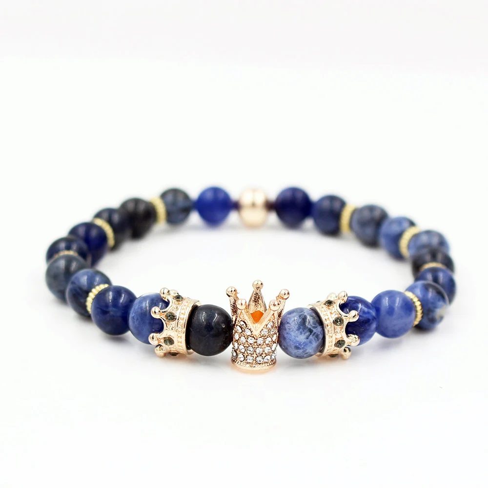 Natural Blue-Vien Stone Beads Bracelet Men's Micro Pave CZ King Rown Charm Mala Bead Rock Bracelets For Women Pulseira Masculina |