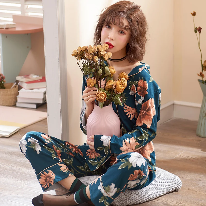 Autumn Winter 100%Cotton Floral Warm Women's Long Sleeve Pajamas Set Turn-down Collar Cardigan Big Size M-XXL Female Clothing | Женская