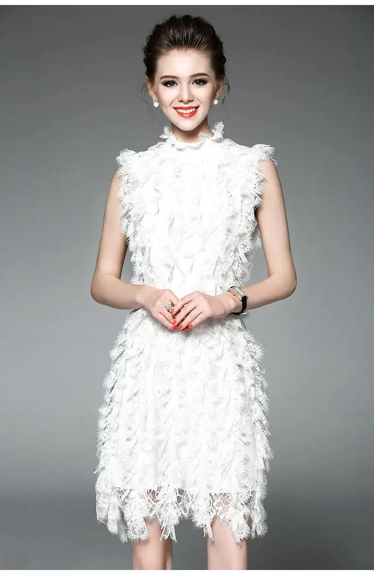 2017 New Fashion A-Line Summer High Qualit Black/White Solid Sleeveless Stand Slim Lace Tassel Dress Elegant Dresses Party | Женская