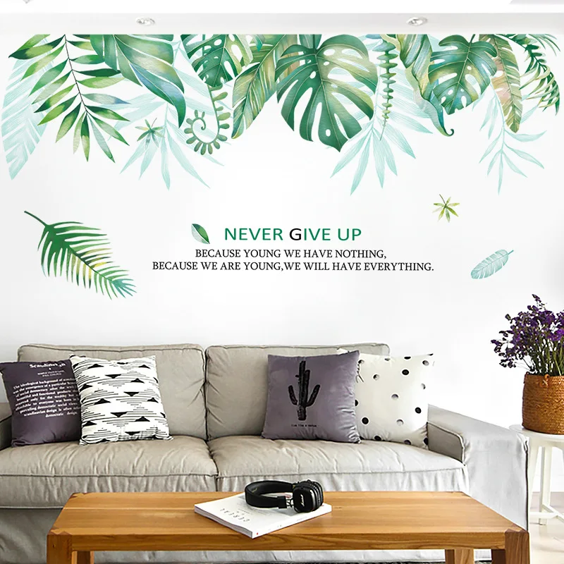 175*96 см Европейский Большой Зеленый Лист наклейки на стену "Never Give Up" Сделай сам виниловый домашний декор природа планета Наклейка на стену для телевизора диван спальня