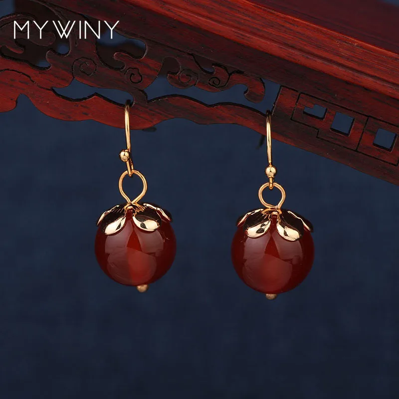 2 цвета MYWINY, новые модные ювелирные изделия, красные натуральные камни, длинные серьги с крючками, простые серьги с цветами ручной работы