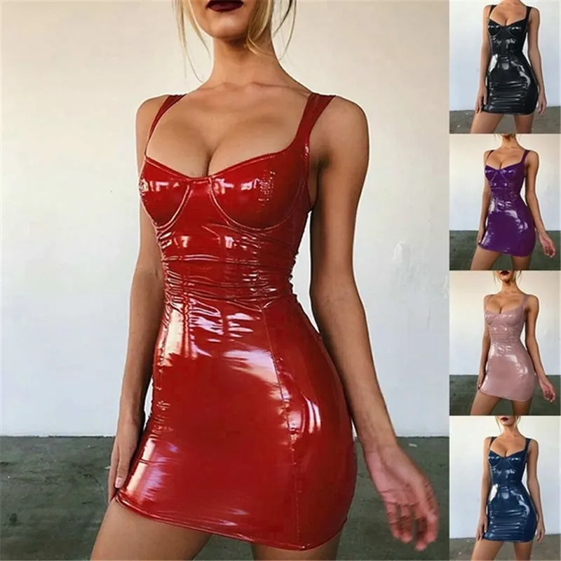 Женское платье на бретельках S M L XL облегающее из латекса без рукавов с запахом