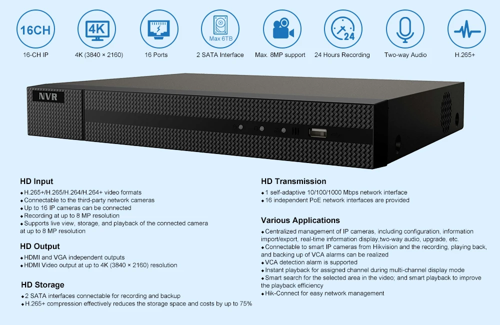 UniLook(Hikvision compatiable) 4K HK Series 16 CH POE сетевой видеорегистратор ONVIF совместимый с поддержкой до 12 ТБ HDD NVR216MH-P16