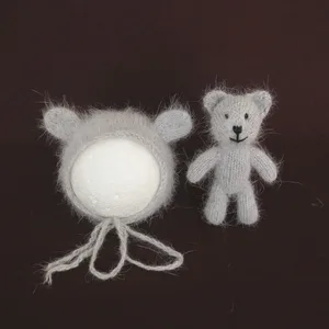 Серый шляпа плюшевого мишки мохеровая Шапочка-Медвежонок и набор для кукол и звериными ушками для новорожденных ручной вязаный берет для новорожденных; Реквизит фотографий