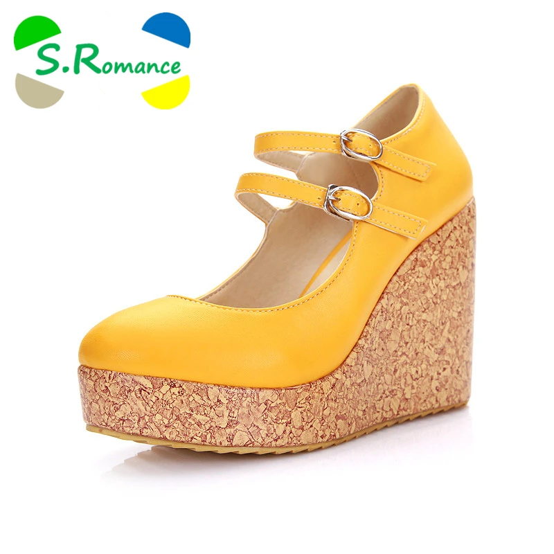S. Romance/женские туфли-лодочки размера плюс 31-43 Модные пикантные женские туфли на высоком каблуке с круглым носком и пряжкой цвета: зеленый, красный, желтый, оранжевый, бежевый, SH390
