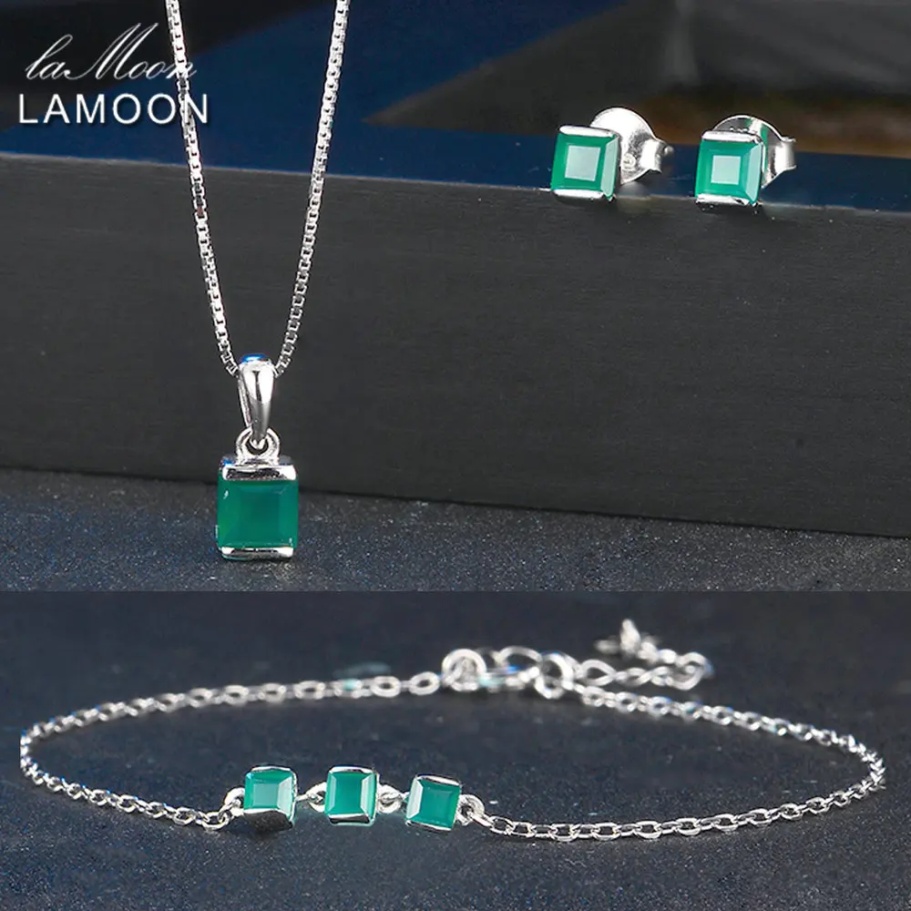 LAMOON новинка квадратная огранка зеленый агат халцедон серебро 925 пробы ювелирные