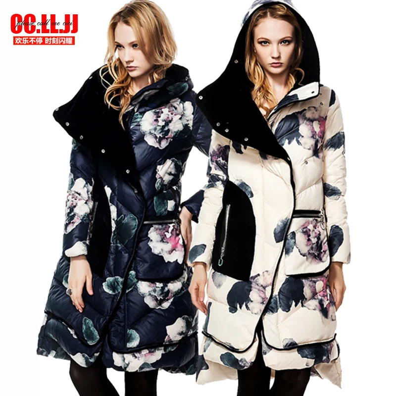 Женский длинный пуховик с цветочным принтом Свободный - Цена: 13 713,36 руб.