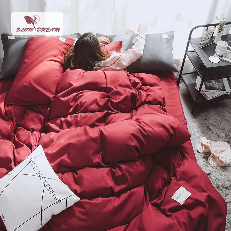 SlowDream Wine Red Bedding Set Bedspread Double Queen Bed Flat Sheet Linens Decor Home Duvet Cover Japan Style Luxury | Дом и сад