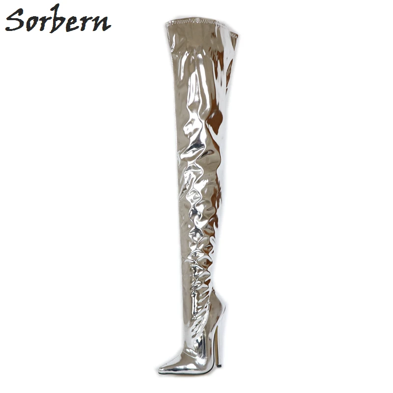 Женские сапоги до бедра Sorbern серебристые металлические на шпильке 18 см с острым