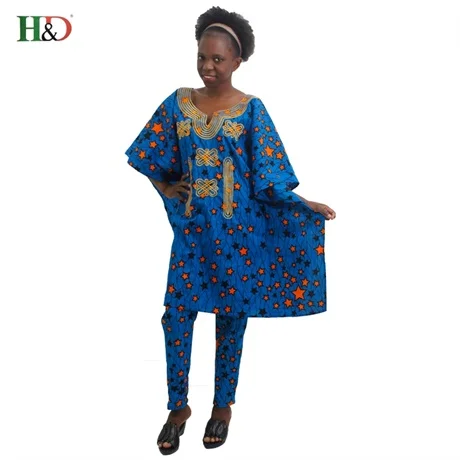 H& D Южноафриканская Женская хлопковая одежда для женщин топ dashiki брюки outsit костюмы Базен воск африканская традиционная одежда - Цвет: Синий