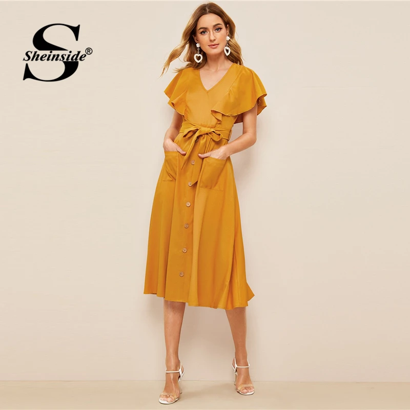 Sheinside, винтажное платье с рукавом-бабочкой и пуговицей спереди, с поясом, женское однотонное платье с v-образным вырезом,, летнее элегантное имбирное длинное платье
