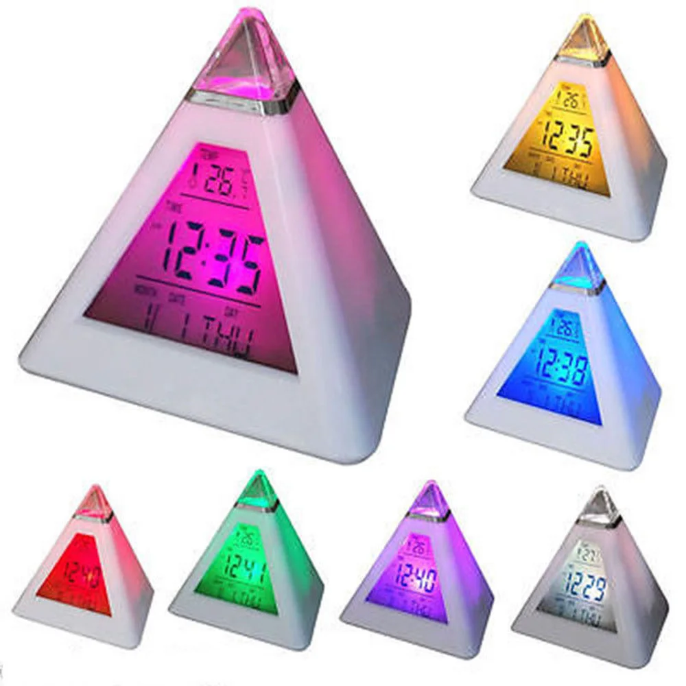 New Qualified Dropship Pyramid Temperature 7 Colors LED Change Backlight Moon Alarm Clock mood clock | Дом и сад
