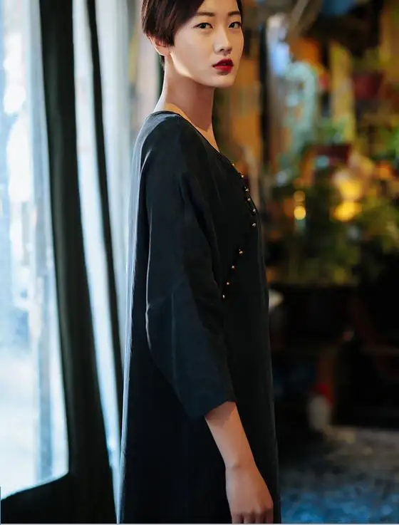 Johnature 2020 Summer Style Women Solid Color Black Dress Robe Three Quarter Sleeve Round Neck High Slit Long Silk Gown | Женская одежда