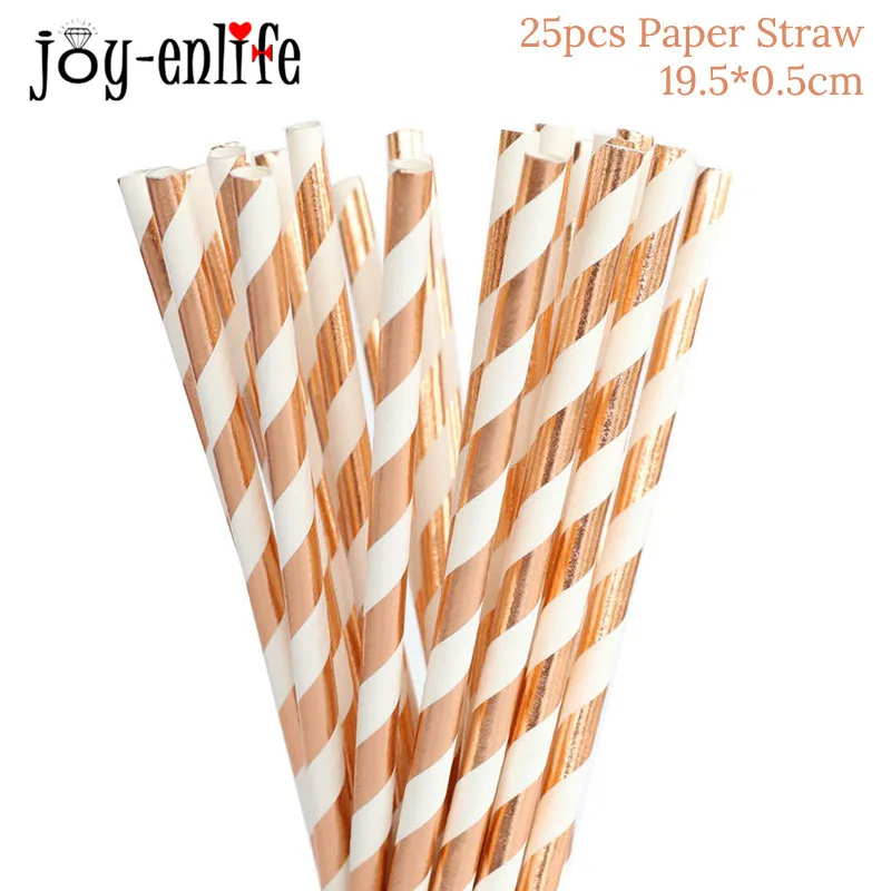 25pcs Paper Straws Розовое золото, вечерние столовые приборы, тарелки для шампанского, чашки, соломки для дней рождения вечерние украшения, свадебные девичьи принадлежности для вечеринки-девичника - Цвет: 25pcs Paper Straws