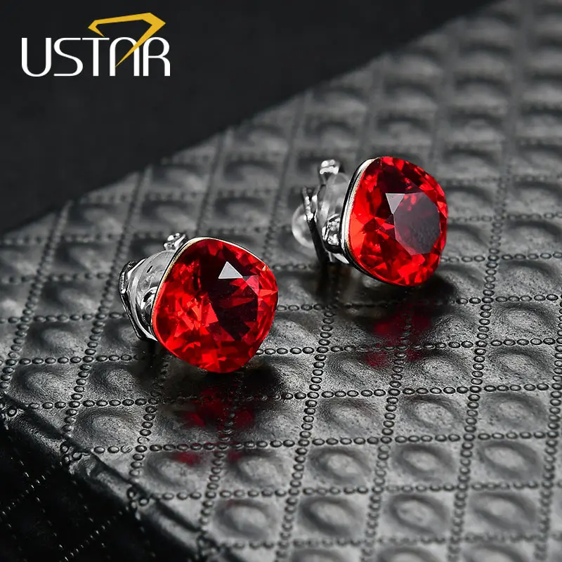 Red Crystal Silver USTAR квадратные клипсы с кристаллами для женщин с кубическим цирконием ААА модные ювелирные изделия серьги женские brincos Нескользящие пробки - Окраска металла: Red Crystal Silver