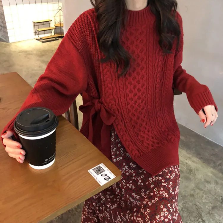 2019 Streetwear Europe women O-neck sweaters pull jumpers casual Spilt Lace up warm female oversized sweater pullover | Женская одежда