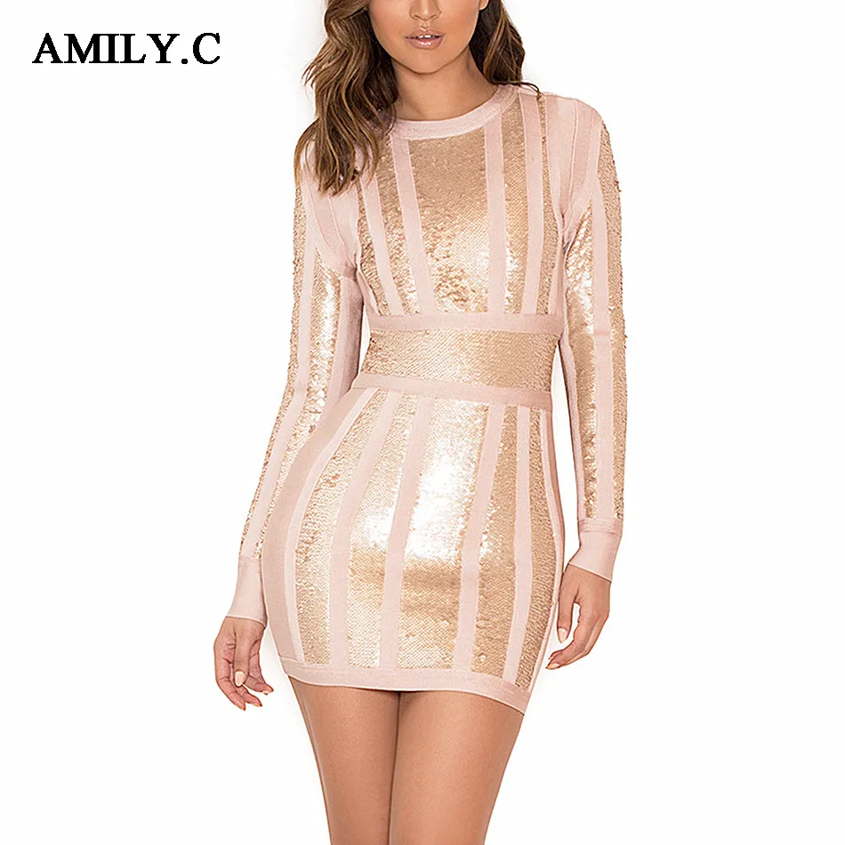 Amily.c 2021 New Summer Women Bandage Dress Sexy Bodycon O Neck Sequined Celebrity Party Black Apricot Dresses Vestidos | Женская одежда