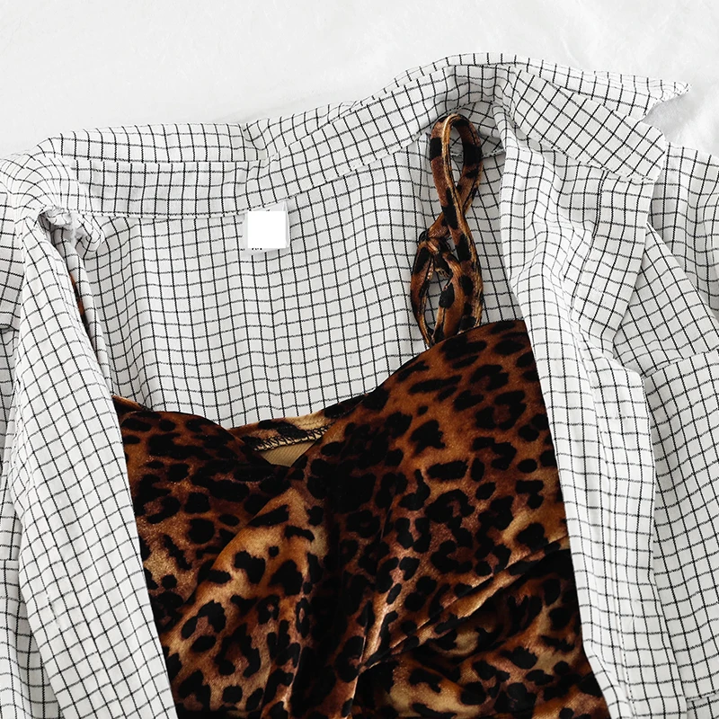 2019 new fashion women's two piece set Cotton plaid shirt sun clothing Leopard gold velvet +denim shorts three-piece female H417 | Женская