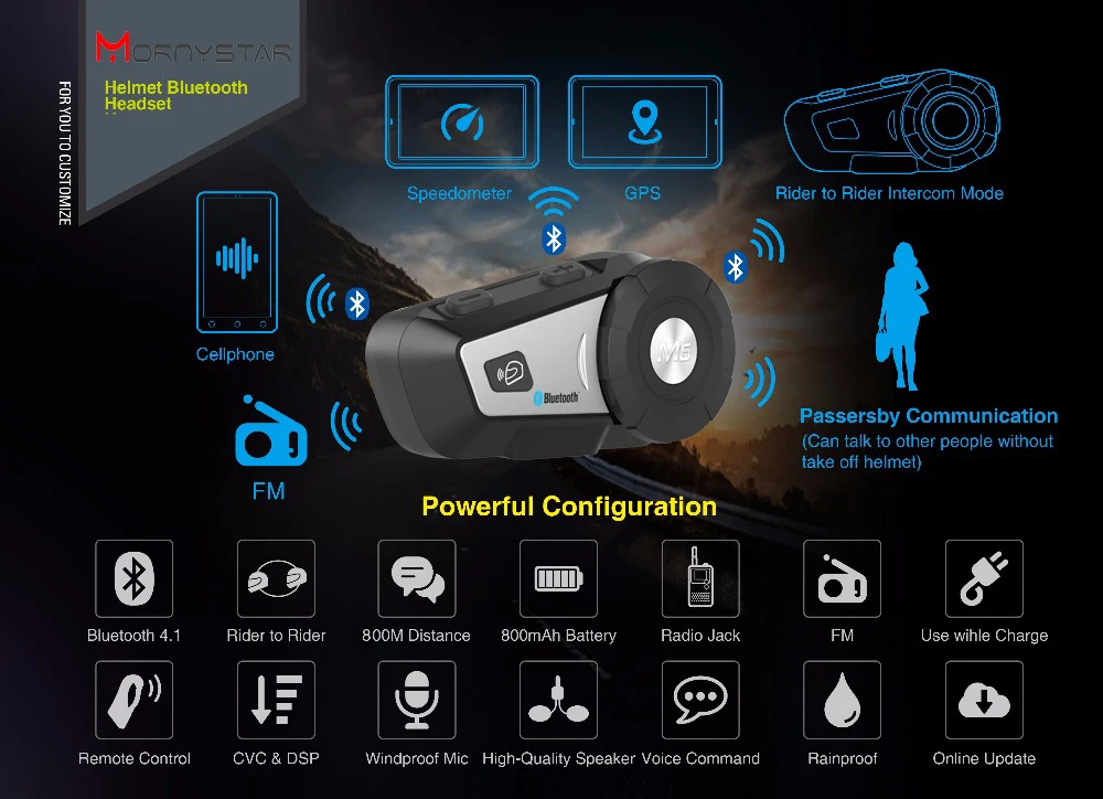 MORNYSTAR 2 шт M6 мотоциклетный шлем домофон мотоцикл беспроводная bluetooth гарнитура Водонепроницаемый BT переговорные с FM
