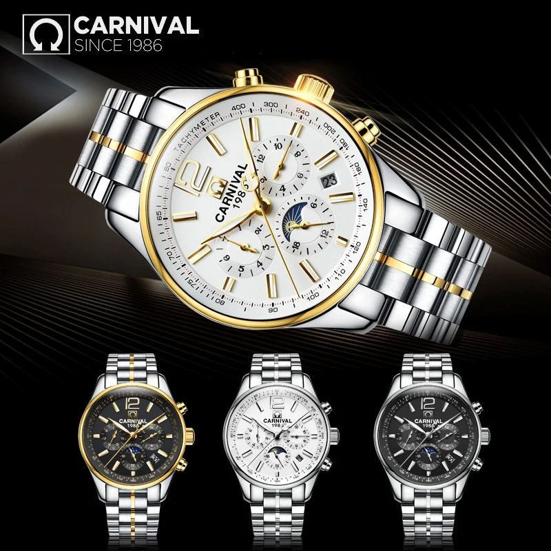 

relogio masculino 2017 CARNIVAL Top Brand New Mechanical watches Men Fashion Waterproof Luminous Watch with Calendar Moon Phase