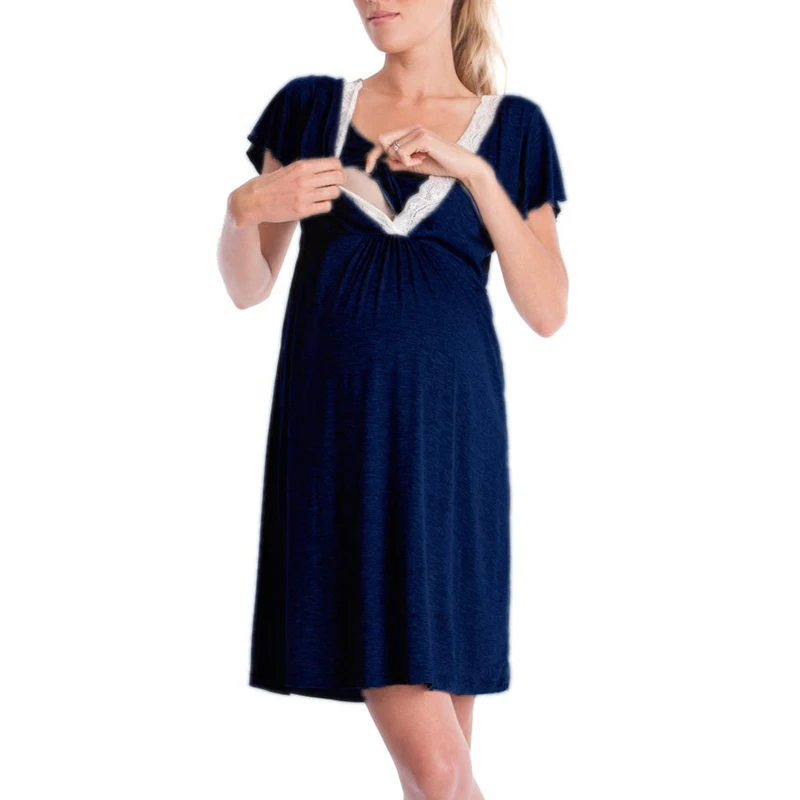 

Summer Maternity Dress Short Sleeve V Neck Lace Patchwork Pregnant Women Nursing Clothes Dresses NSV775