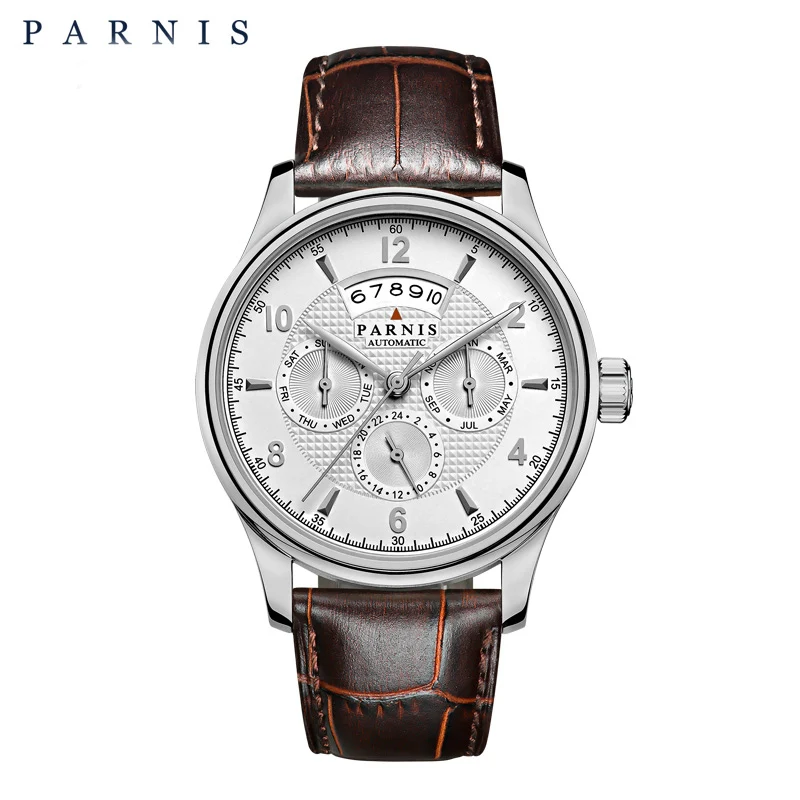 Parnis 42 мм автоматические часы Moon Phase Запас хода Часы мужские роскошные брендовые Топ Miyota механические моталки часы - Цвет: auto date1