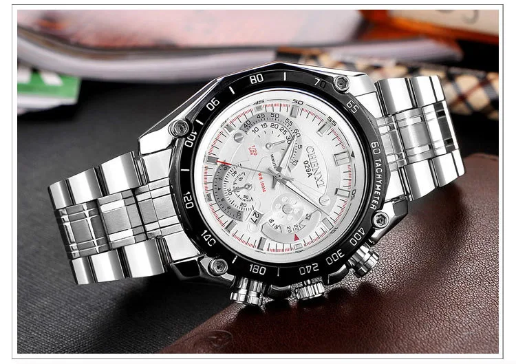 Модные мужские часы Серебристые водонепроницаемые с большим циферблатом белые