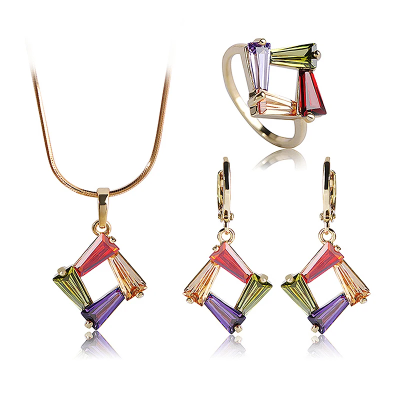 Classic Mixcolor Wedding Jewelry Sets Pendant Necklace&ampEarrings &ampRing Women Silver Gold Color Zircon Copper Schmuck Mujer Bijoux |