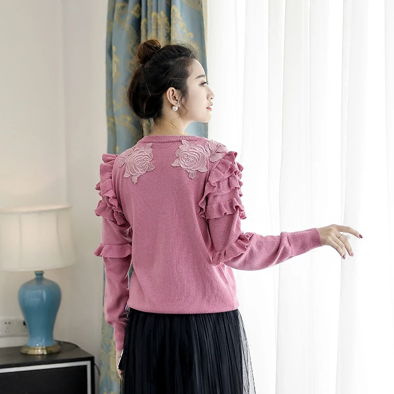 Luxury Embroidery Sweater 2019 Autumn Winter Women's Long Sleeve Flower Animal Heart Ruffles Knitted Pullovers And Sweaters | Женская