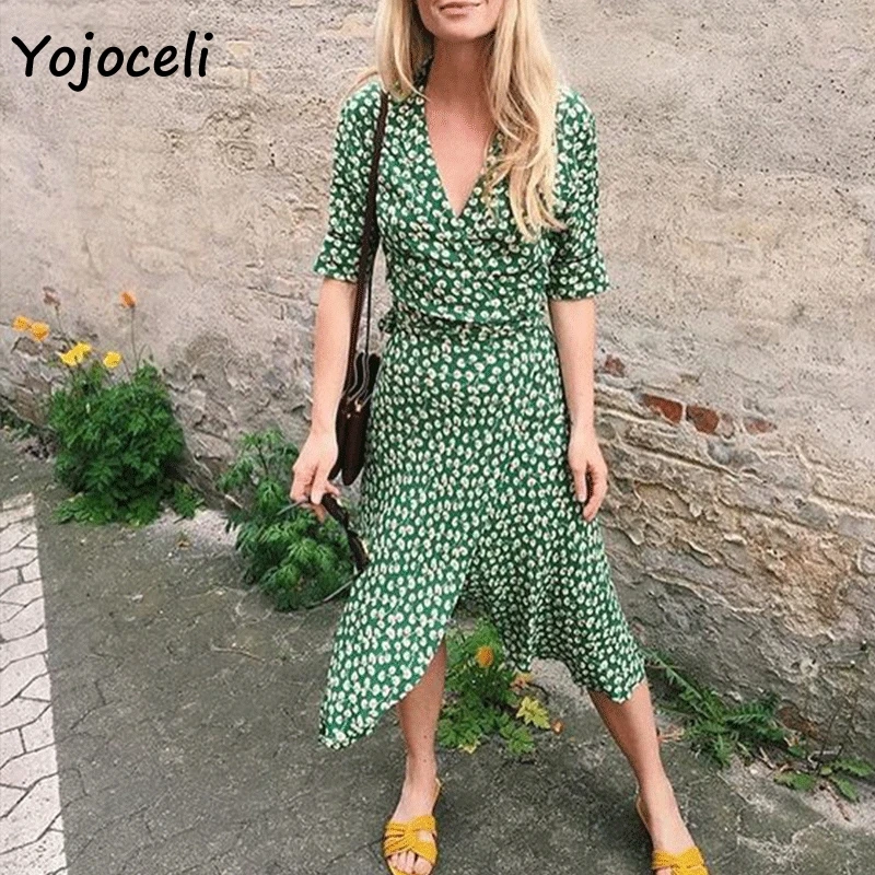 Yojoceli винтажное зеленое Асимметричное Платье с принтом сексуальное платье