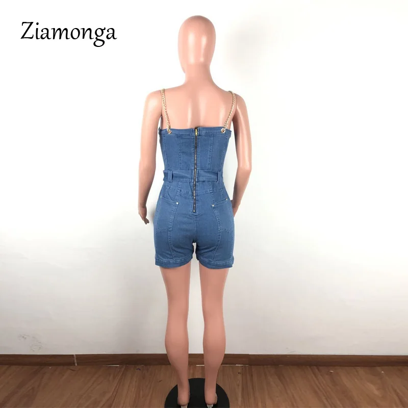 Ziamonga, Летний джинсовый комбинезон с цепочкой, женский модный комбинезон на пуговицах, обтягивающий сексуальный короткий комбинезон, женский комбинезон с карманами, повседневный женский комбинезон