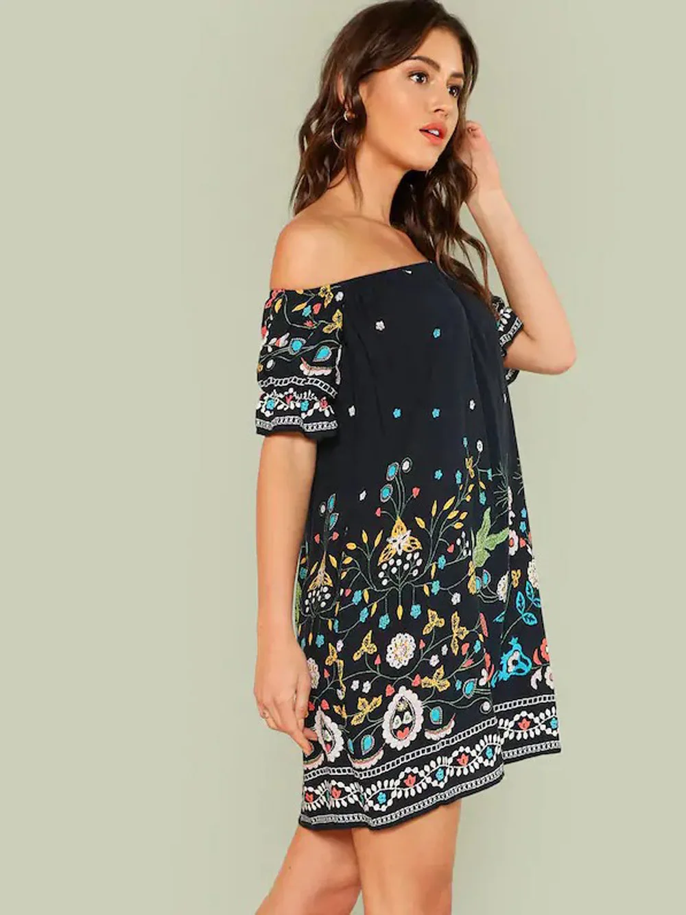 Женское пляжное платье с открытыми плечами Пляжное цветочным принтом и Vestidos De