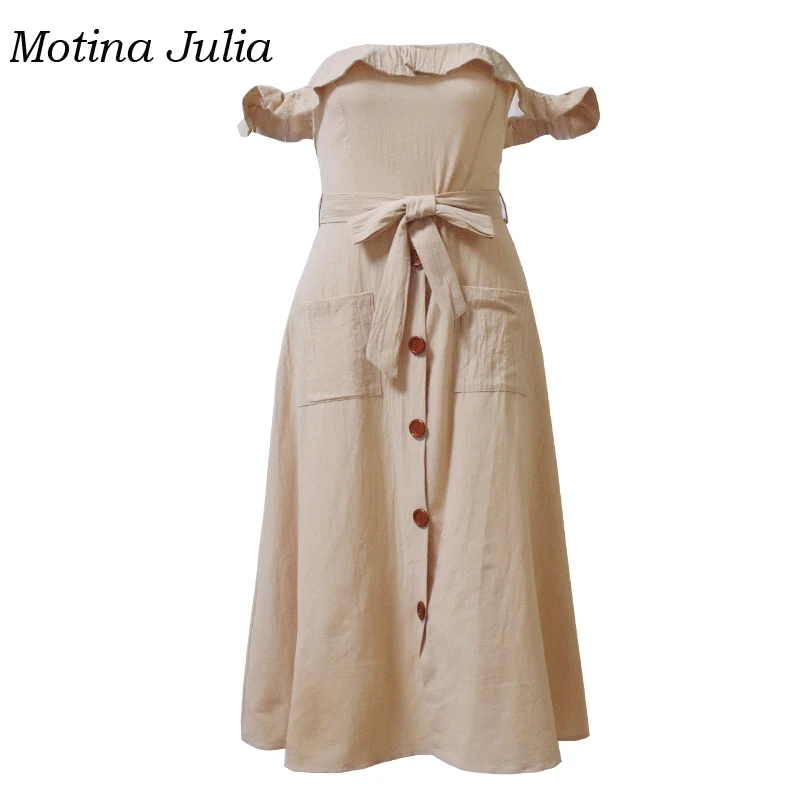 Motina Julia off shoulder ruffle dress women button front bow midi bohemian beach female vestidos pockets | Женская одежда