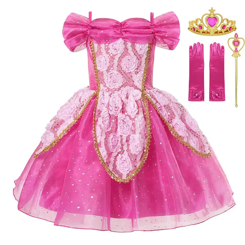 Aurora Dress Set 02 MUABABY; летнее платье принцессы для девочек; платье Спящей красавицы с открытыми плечами; бальное платье с цветочным рисунком; Детский карнавальный костюм Авроры на день рождения - Цвет: Aurora Dress Set 02